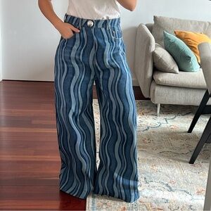 AREA Sunray High-Rise Wide-Leg Jeans Blue Print Size 31 Designer Denim C0